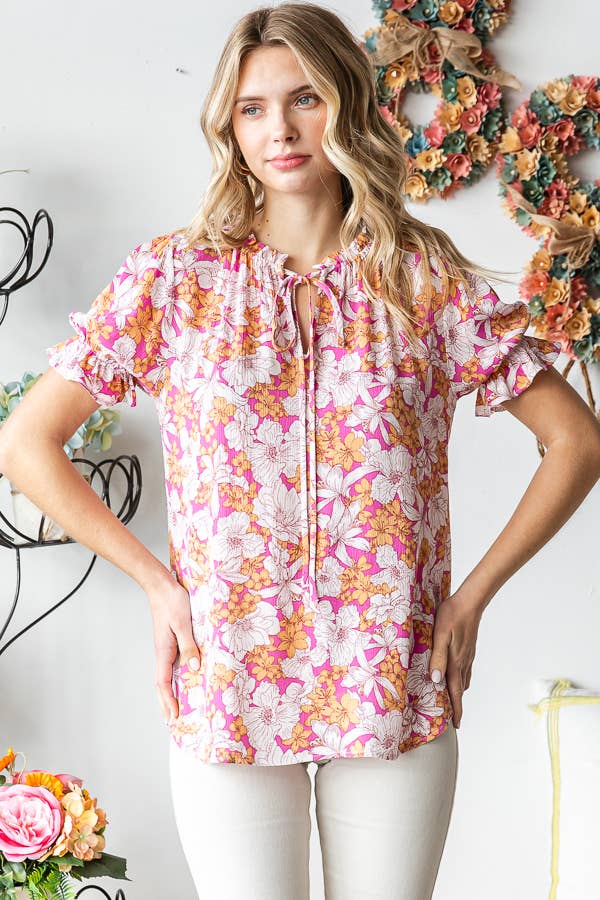 Floral Ruffle Neck Top