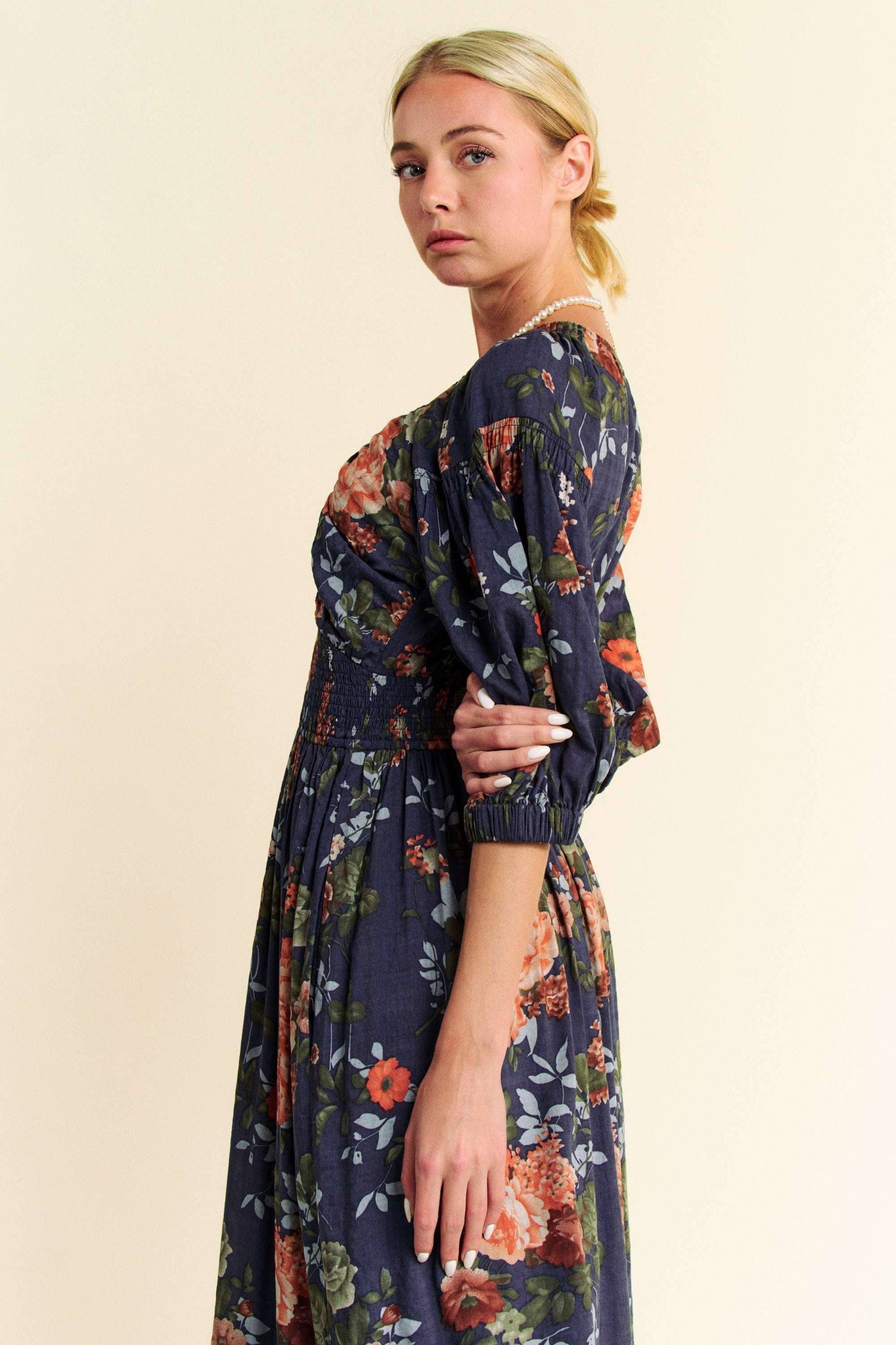 Floral Printed Smocked Waist Maxi Dress