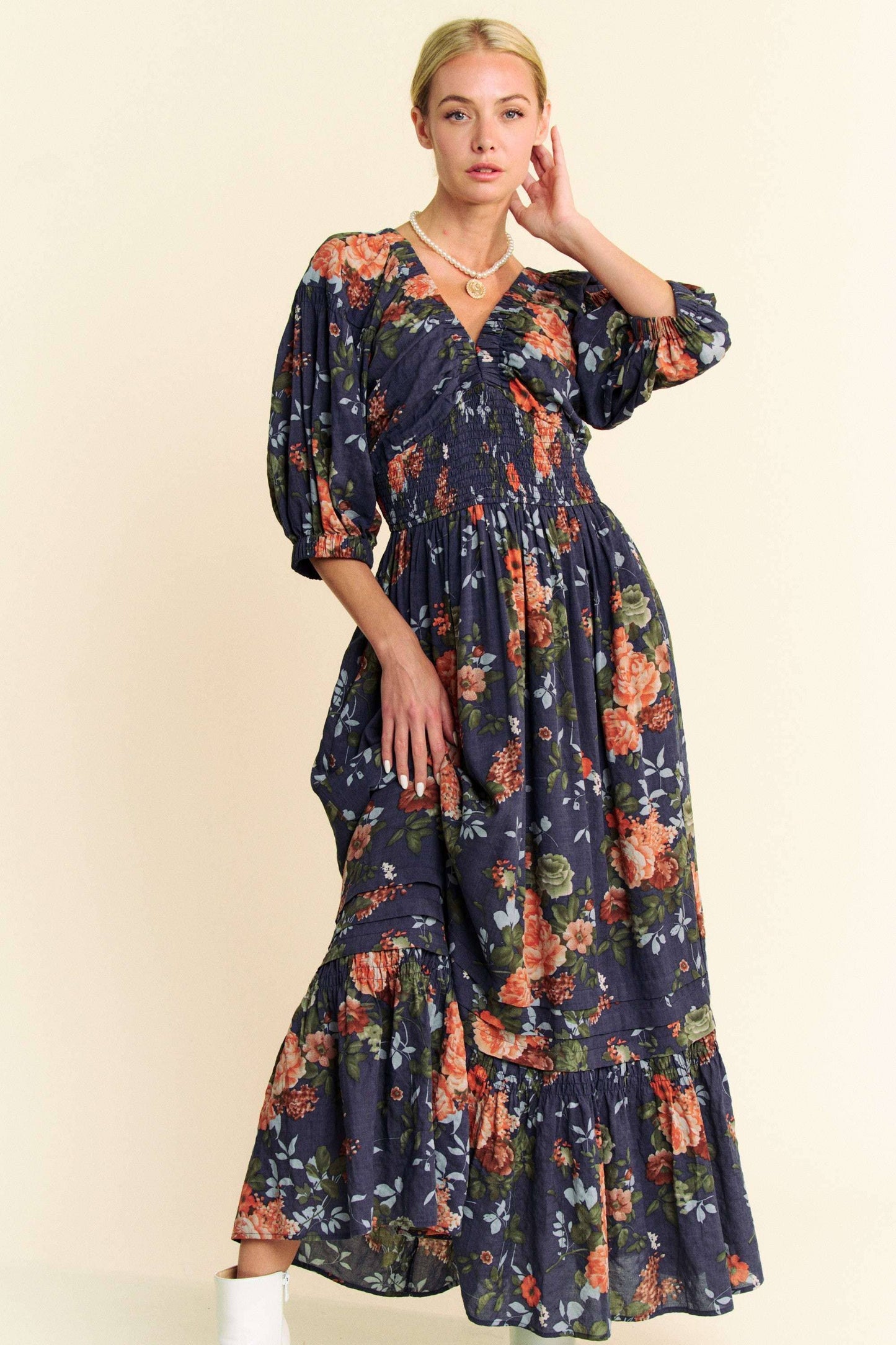 Floral Printed Smocked Waist Maxi Dress
