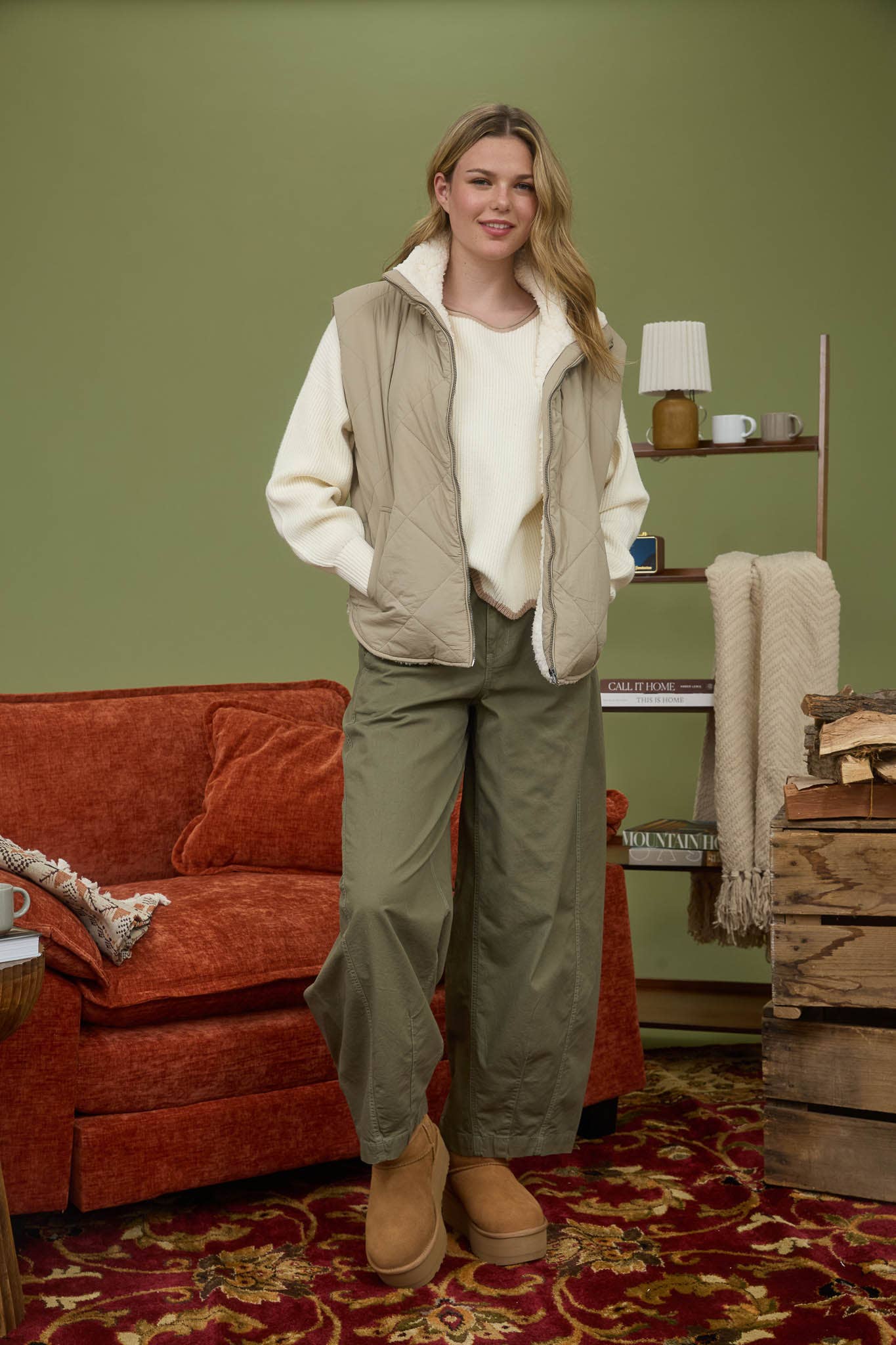 Zip-Up High Collar Quilted Fleece-Lined Puffer Vest