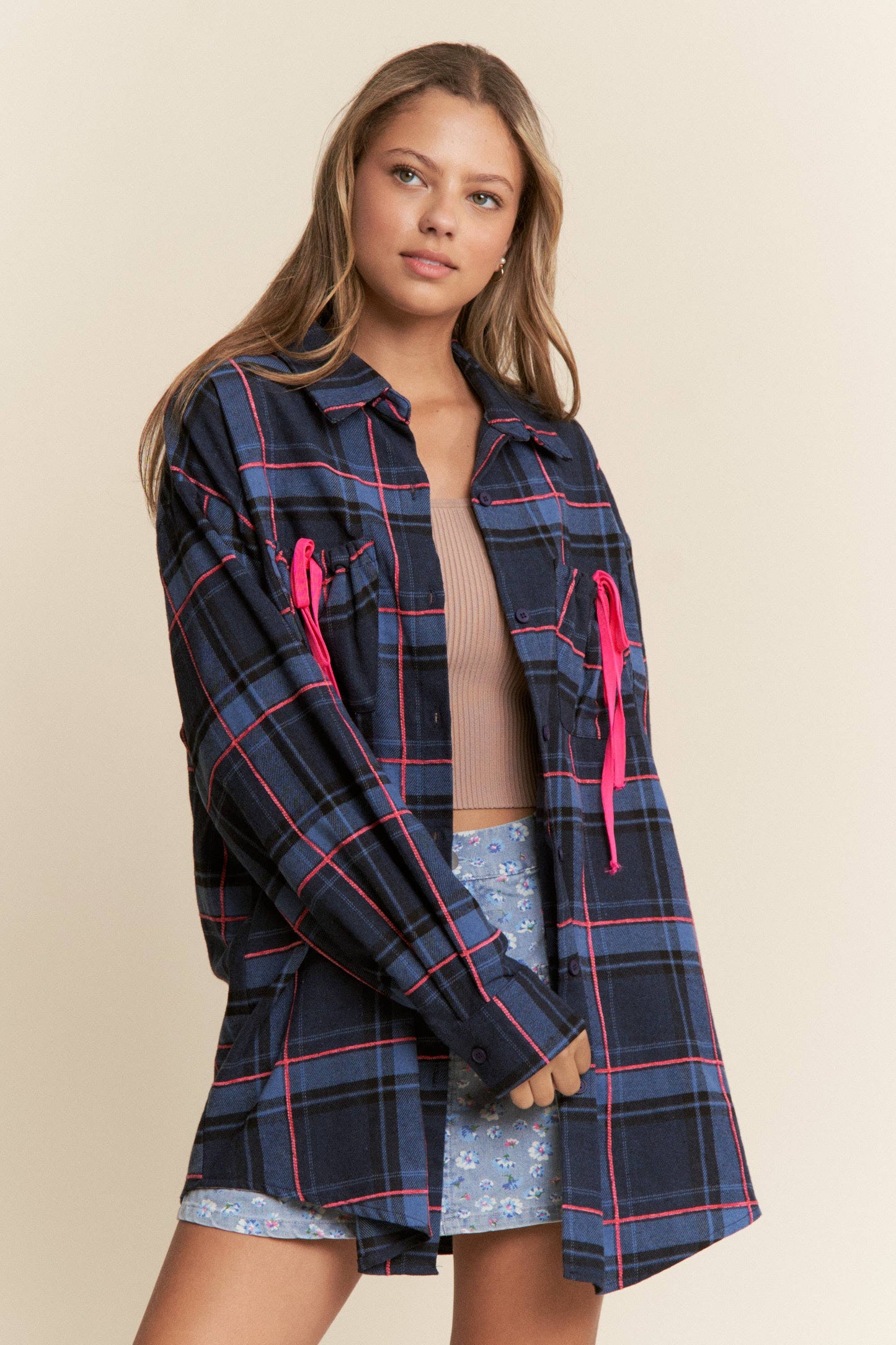 Ruched Pocket Plaid Button-Down Shirt with Ribbon Detail