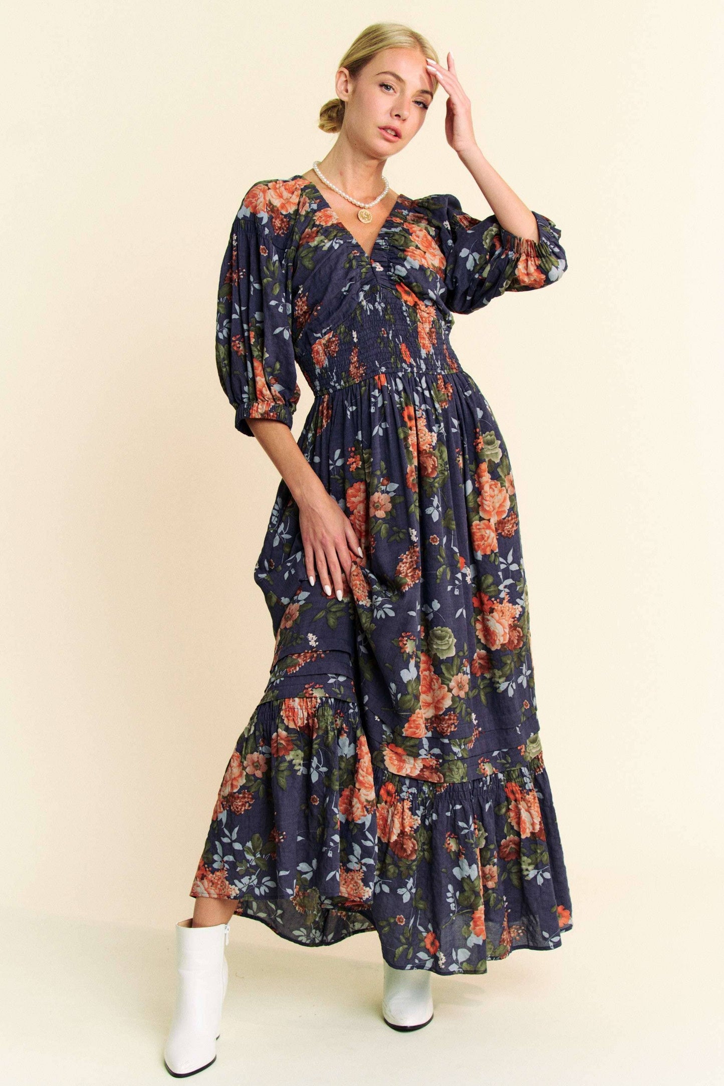 Floral Printed Smocked Waist Maxi Dress
