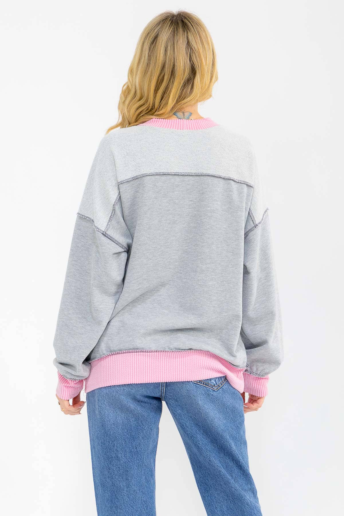 Contrast Trim Exposed Seam Sweatshirt – Pink & Grey