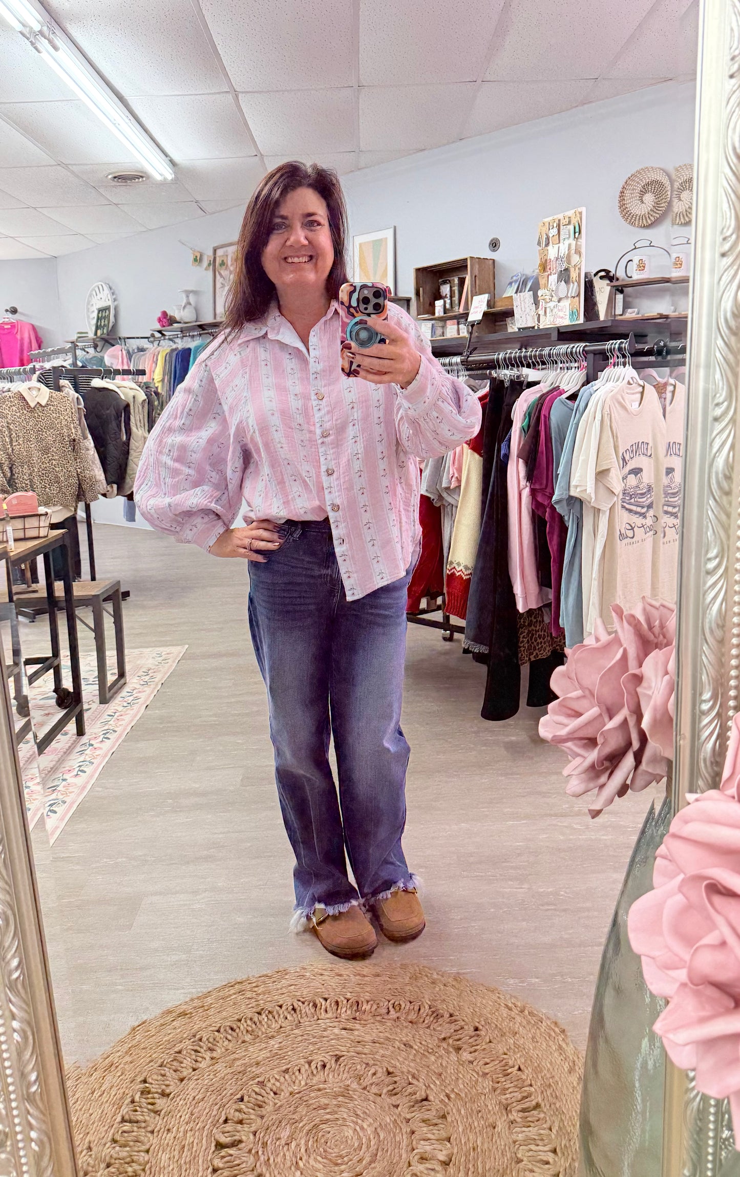 Striped Floral Cotton Gauze Button Front Shirt