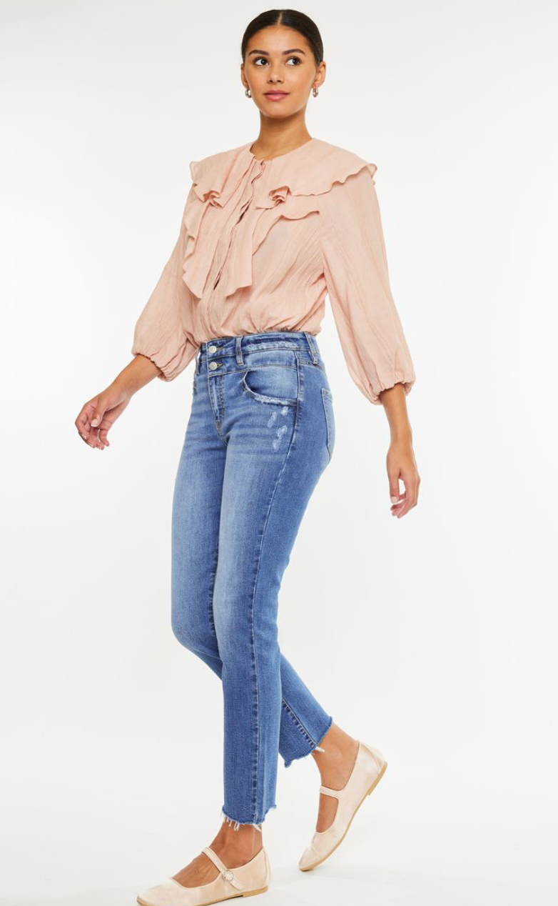 KanCan High Rise Straight Double Button