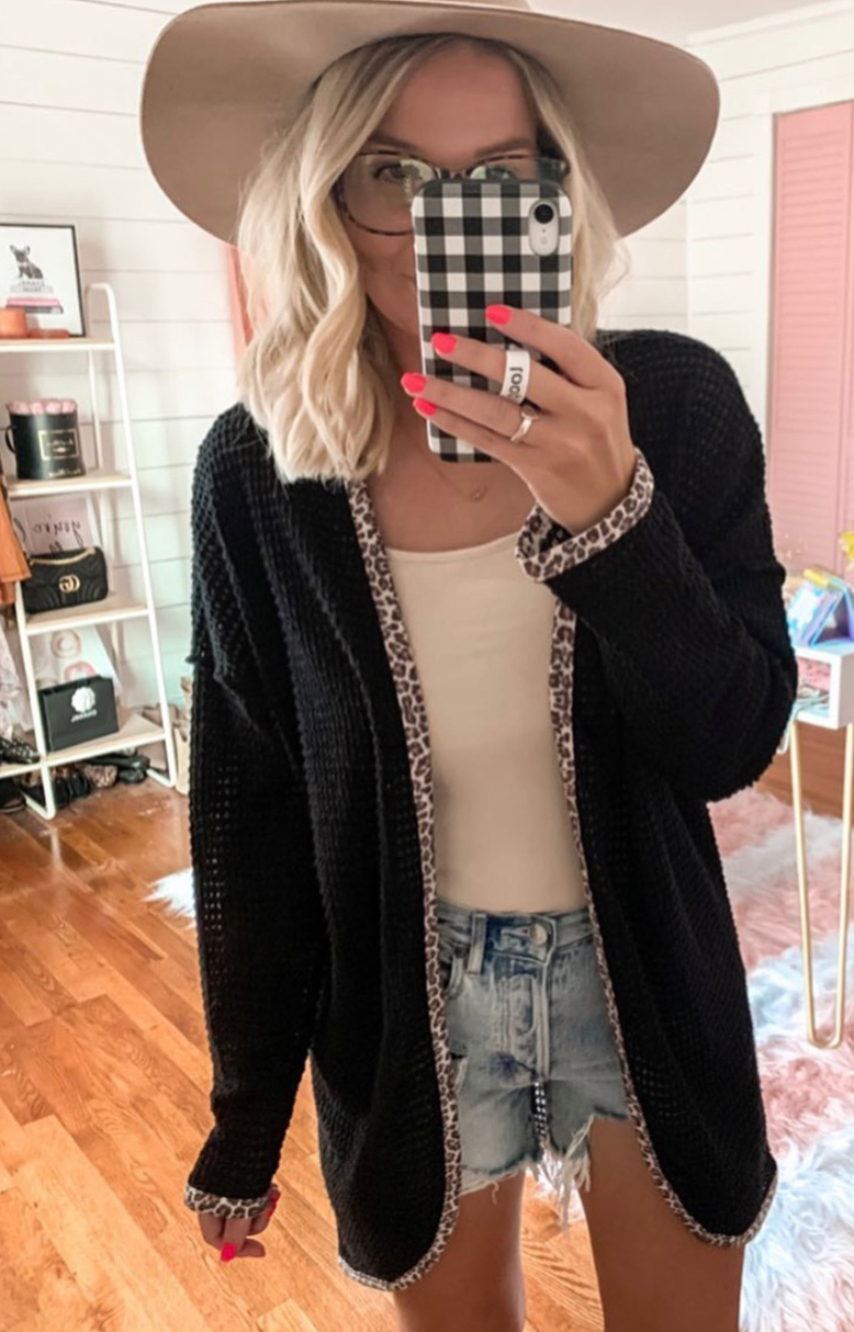 Black Waffle Knit Leopard Contrast Cardigan