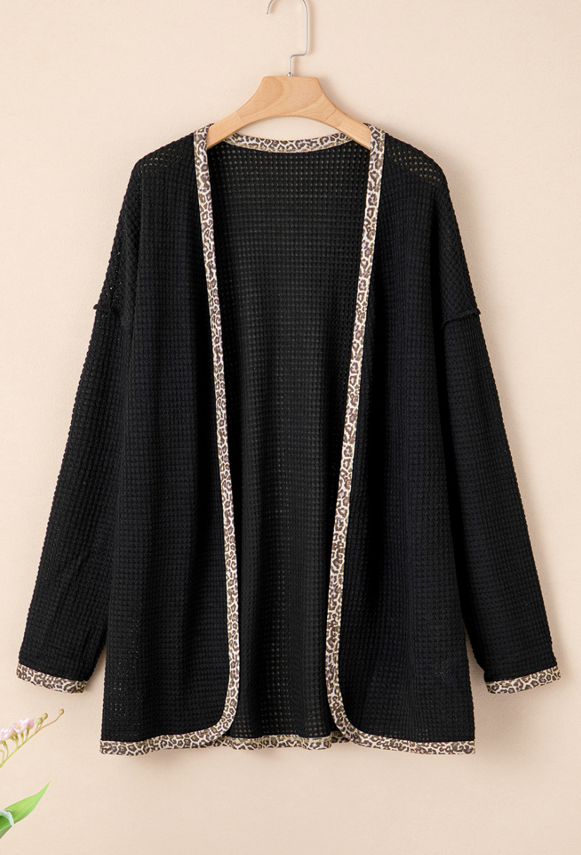 Black Waffle Knit Leopard Contrast Cardigan
