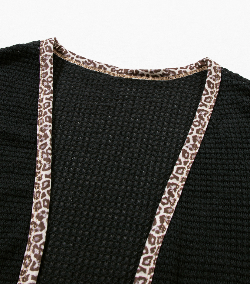 Black Waffle Knit Leopard Contrast Cardigan
