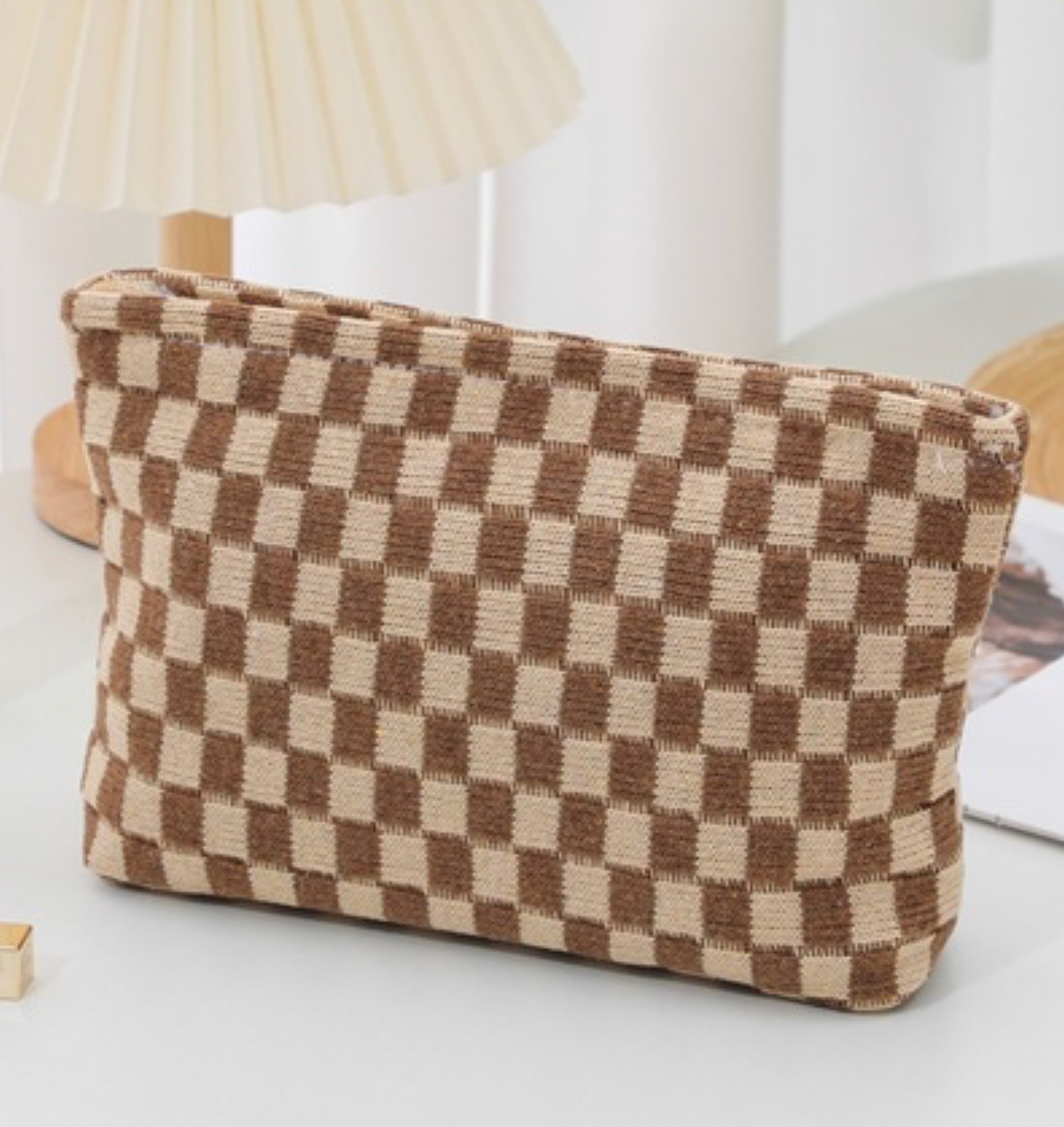 Checkered Cosmetic Makeup Pouch Clutch Bag
