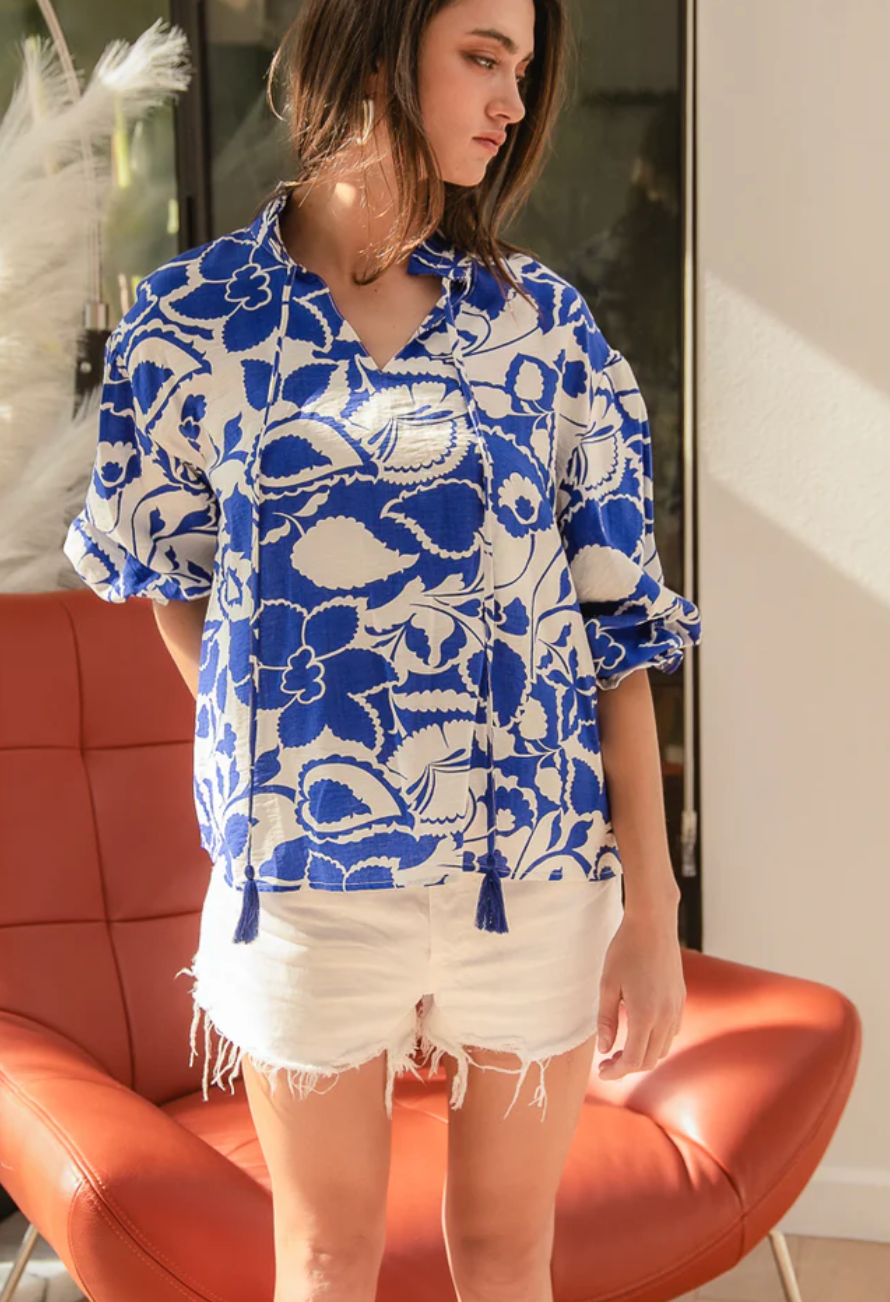 Bubble Sleeve Front-Tied Top