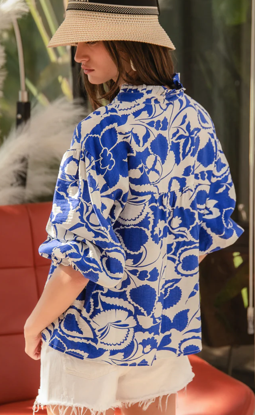 Bubble Sleeve Front-Tied Top
