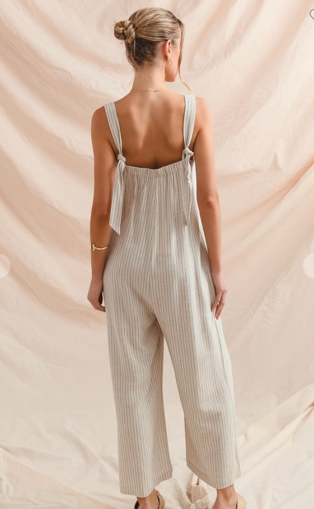 Button Front Stripe Linen Blend Jumpsuit Overalls