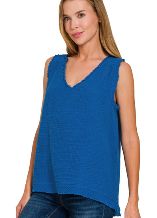 Double Gauze Raw Edge V-Neck Tank Top