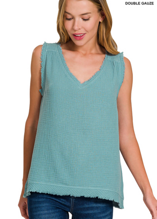 Double Gauze Raw Edge V-Neck Tank Top