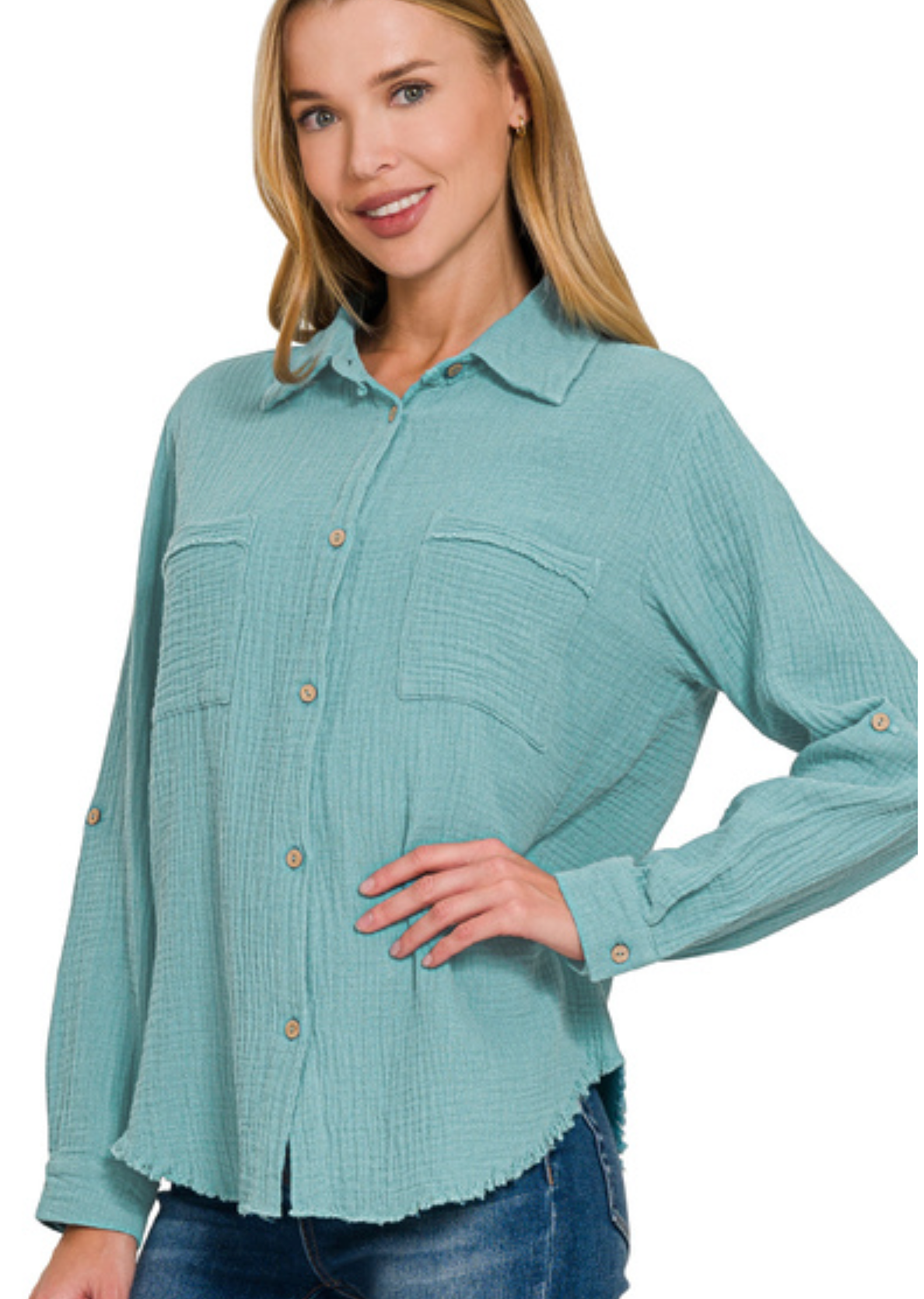 Double Gauze Button Down Roll-Up Long Sleeve Shirt