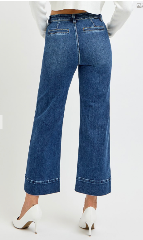 High Rise Wide Jeans with Front Pintuck & Patch Pocket Detail