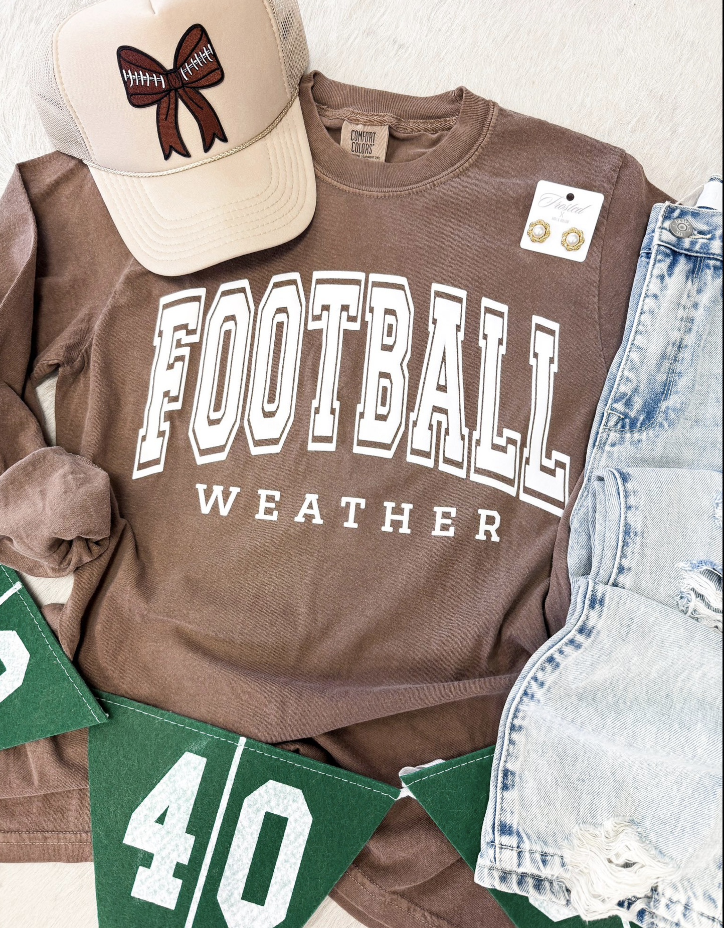 ๐ Football Long Sleeve Puff Tee โ Comfort Colors Brown