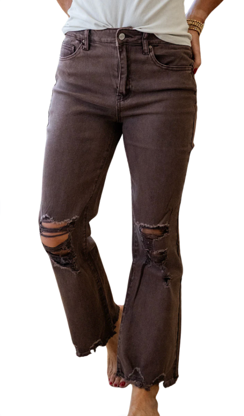 ✨ Wide Leg Distressed Cropped Jeans – Mahogany ✨