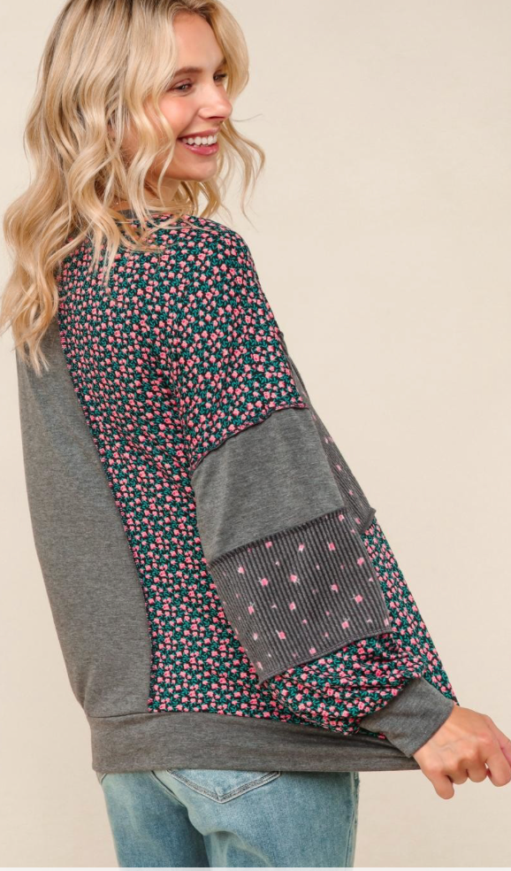 French Terry Ditsy Floral Color Block Pullover