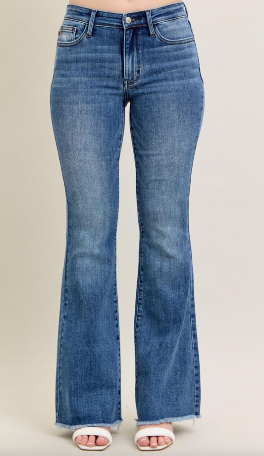 Judy Blue Mid Rise Vintage Wash Fray Hem Flare Denim Jeans