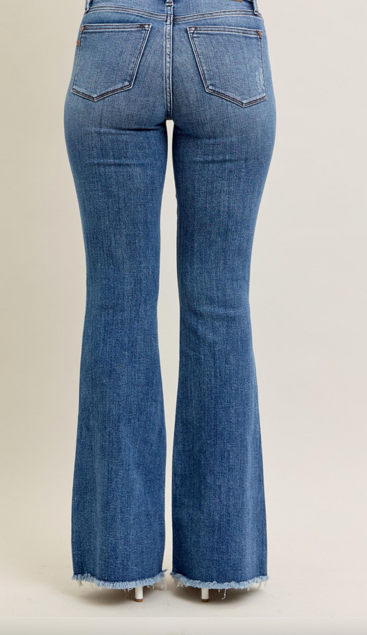 Judy Blue Mid Rise Vintage Wash Fray Hem Flare Denim Jeans