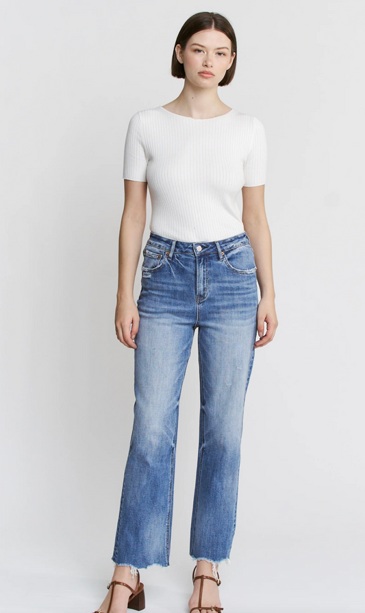 High Rise Raw Hem Loose Fit Straight Jeans