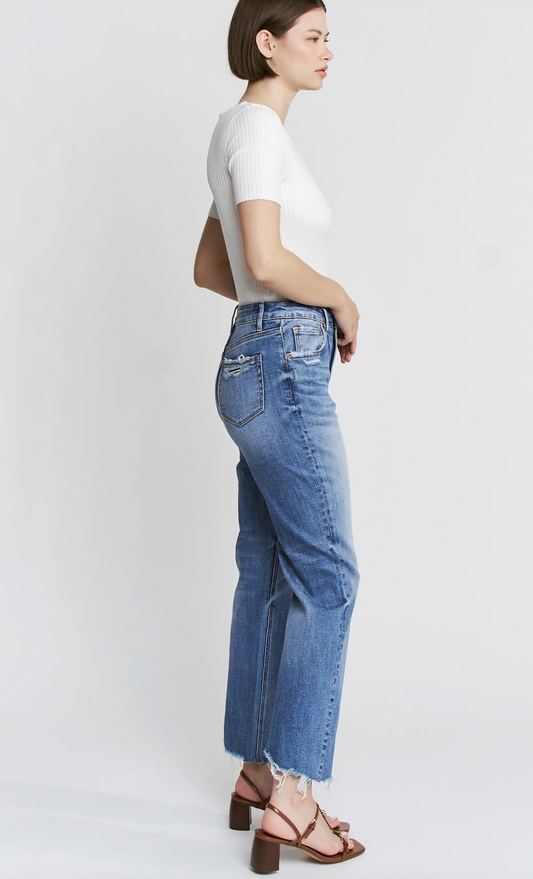 High Rise Raw Hem Loose Fit Straight Jeans