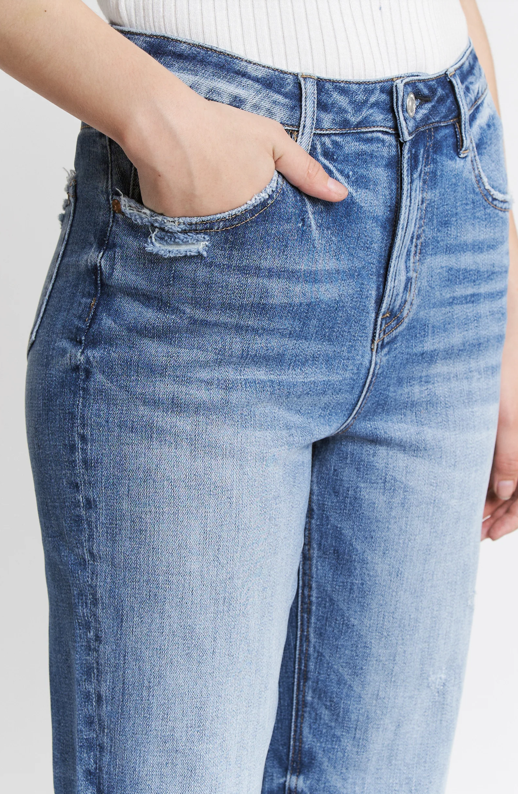 High Rise Raw Hem Loose Fit Straight Jeans