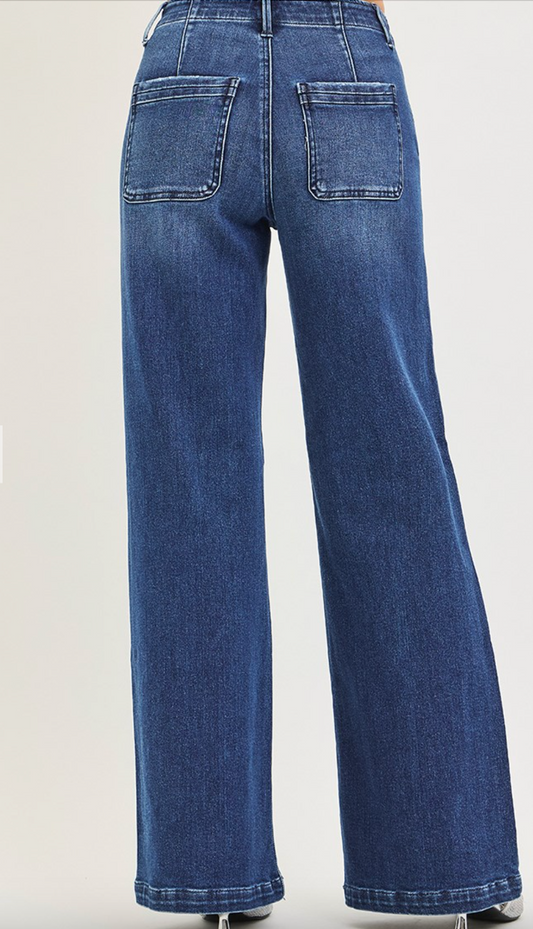 High Rise Wide Leg Slanted Pocket Jeans