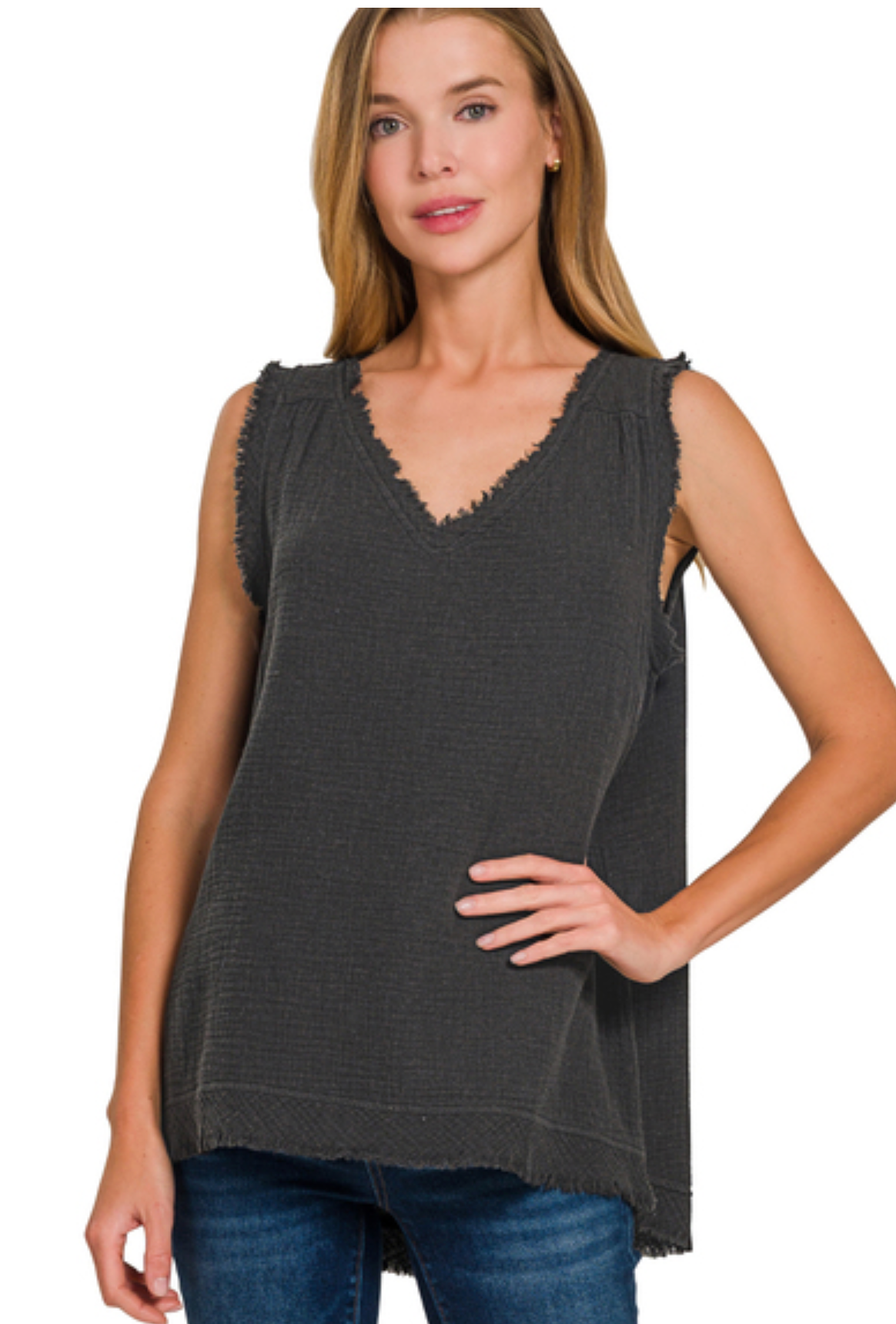 Double Gauze Raw Edge V-Neck Tank Top