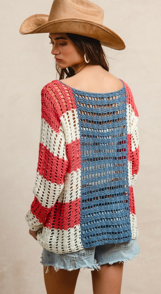 BiBi American Flag Crochet Knit Sweater
