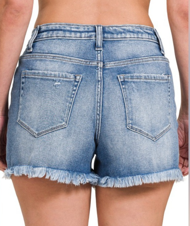 Mid Rise Raw Frayed Hem Denim Shorts