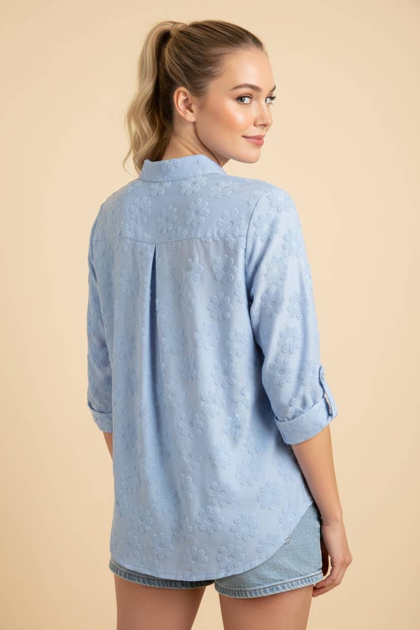 Textured V-Neck Roll-Tab Sleeve Top – Light Blue
