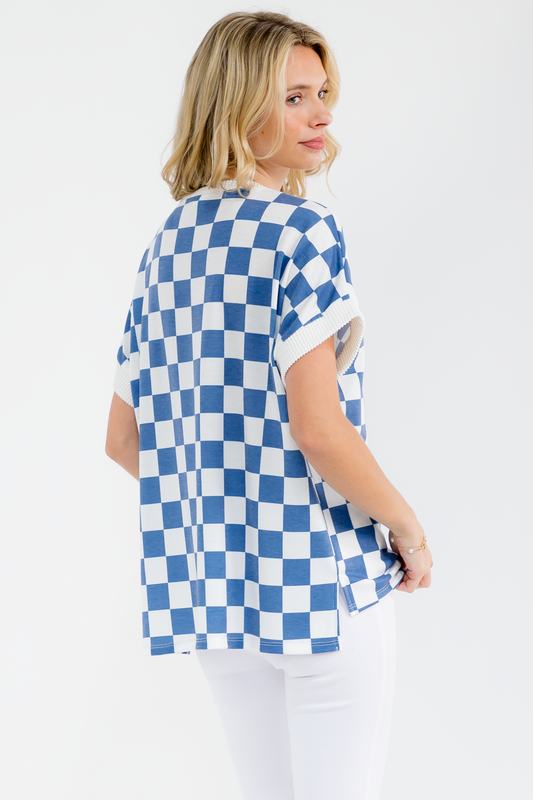 Checkerboard Split V-Neck Casual Top