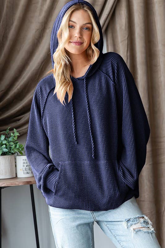 Urban Ribbed Hoodie Top – Navy Blue