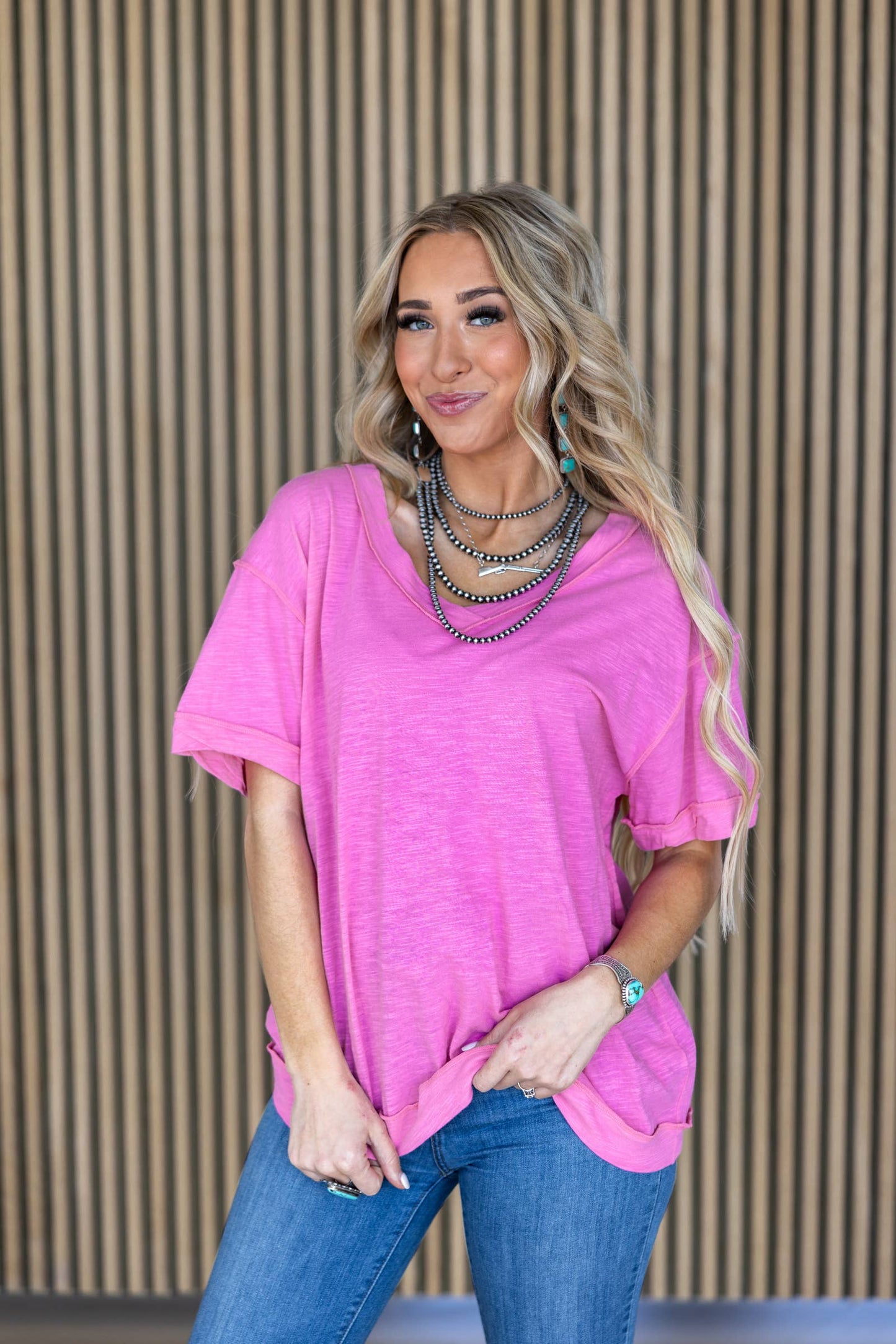 Raw Edge Detail Cotton V Neck Top