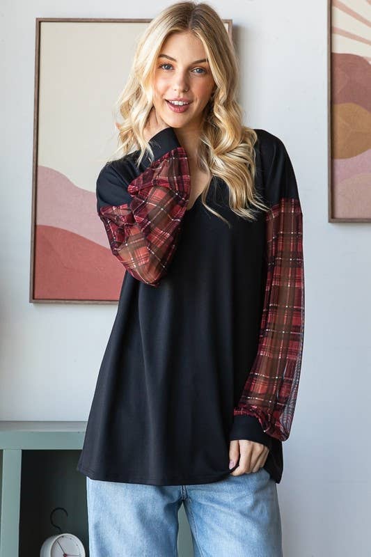 Sheer Plaid Sleeve Top