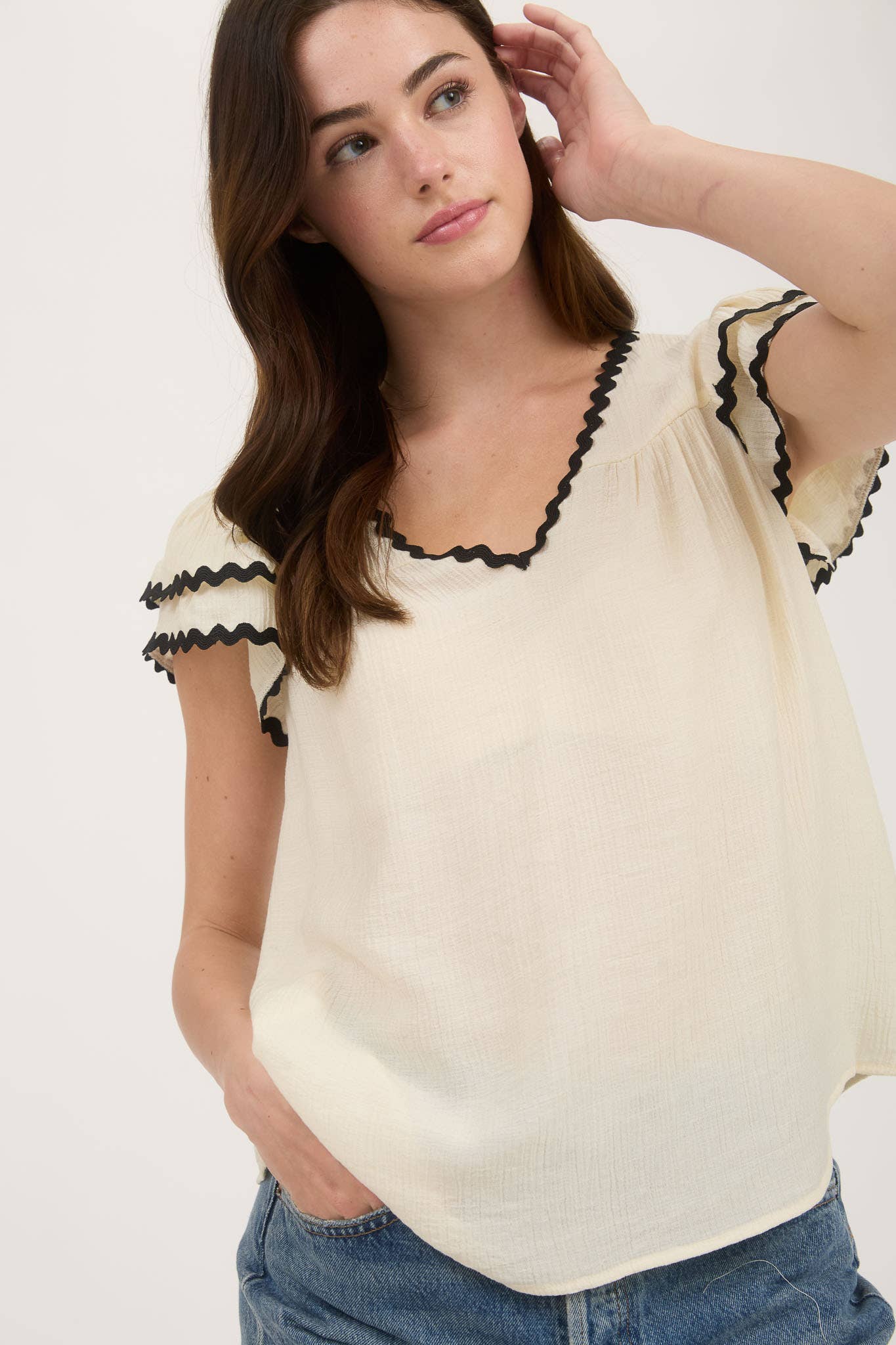 Woven Top with Short Layered Ruffle Sleeves