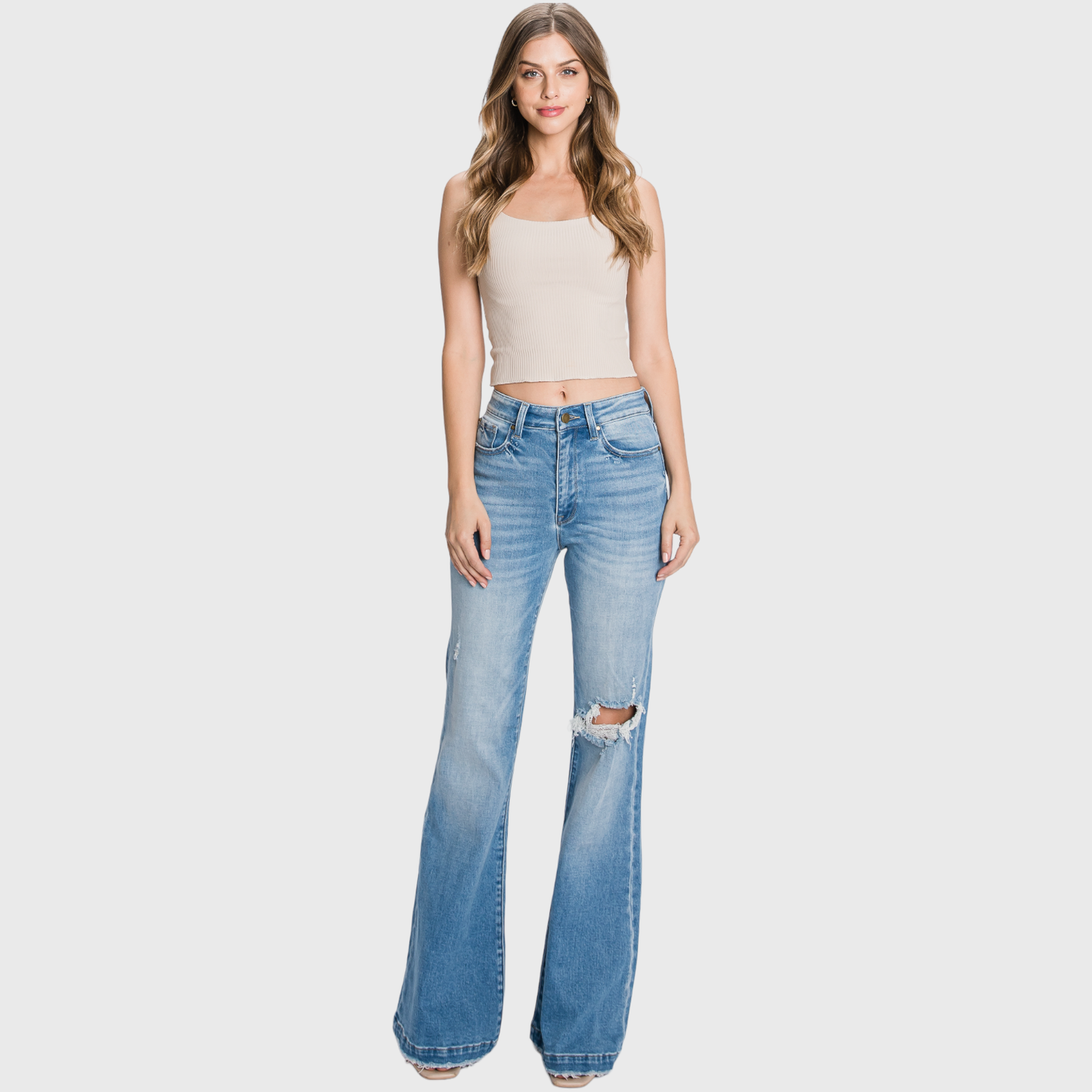 Long Distressed Super High Rise Flare Jean