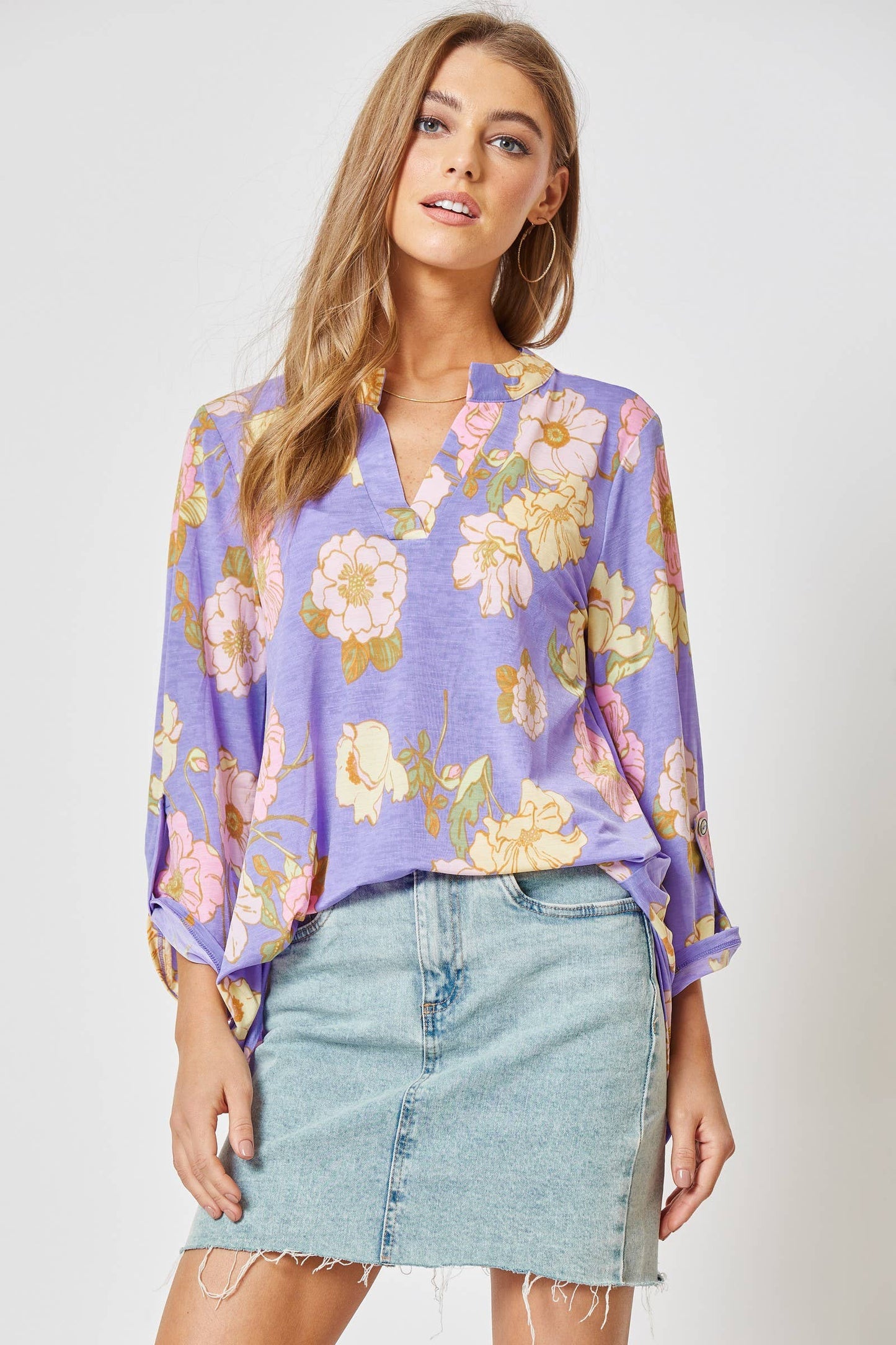 Lavender Floral 3/4 Sleeve Wrinkle-Free Top