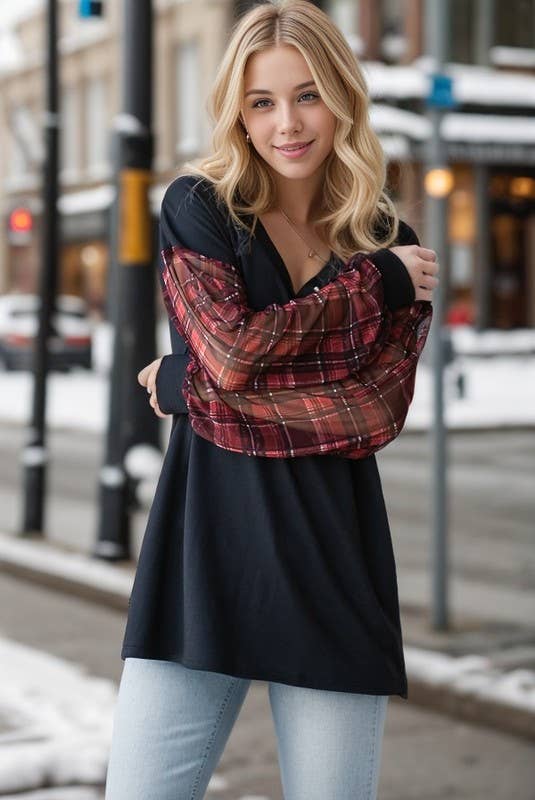 Sheer Plaid Sleeve Top