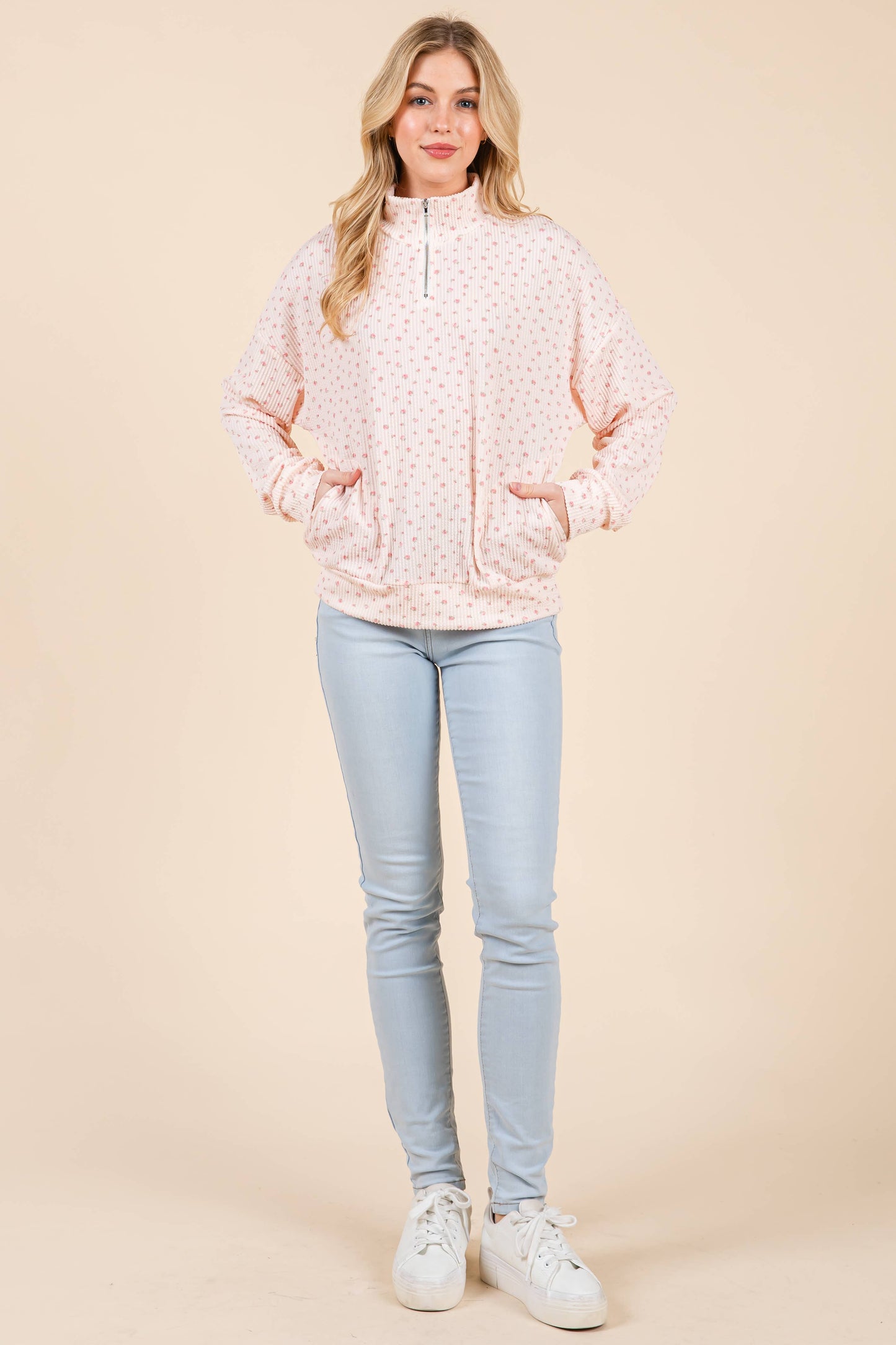 Floral Ribbed Quarter Zip
