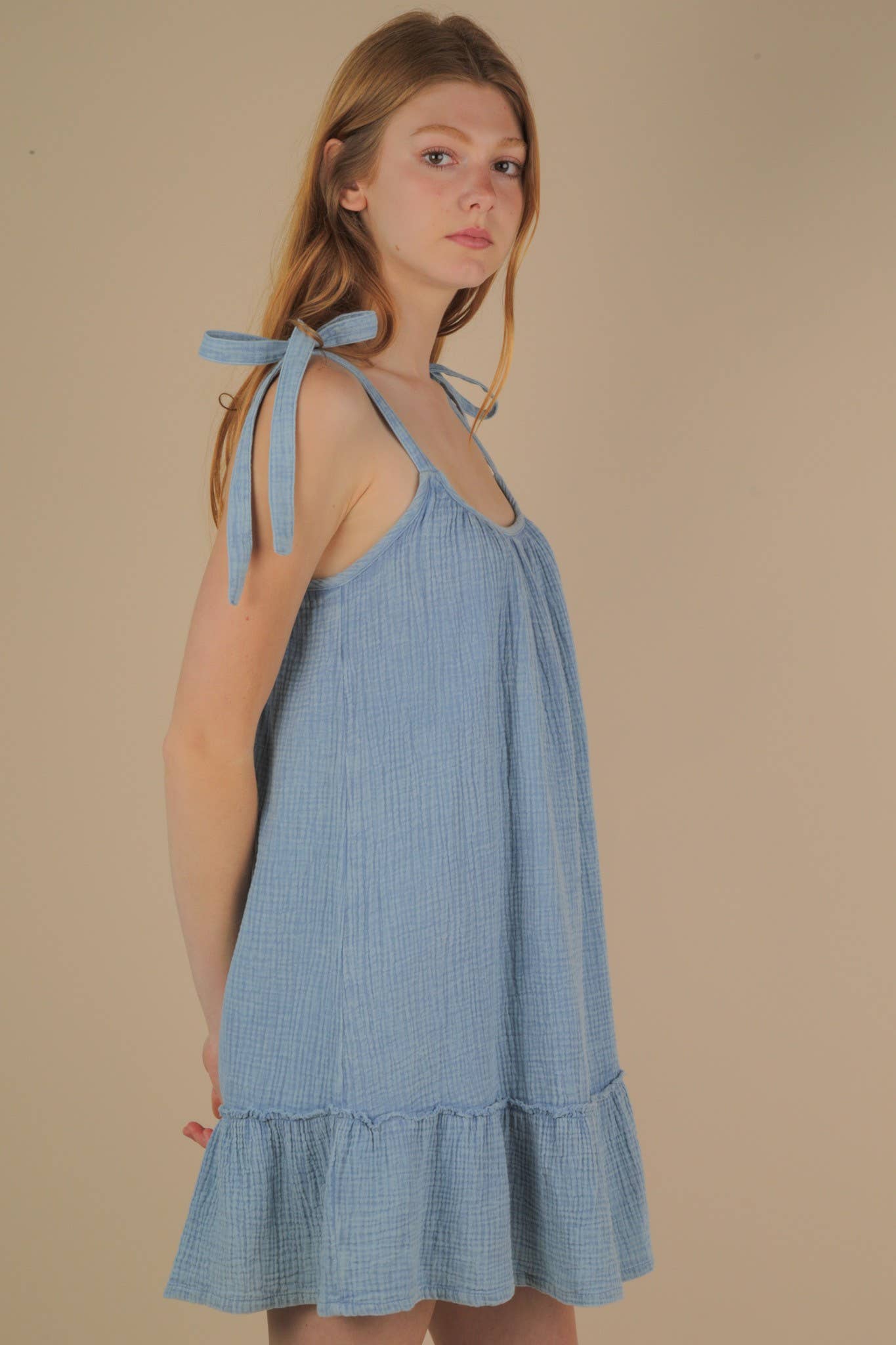 Mineral Washed Shoulder Tie Mini Dress