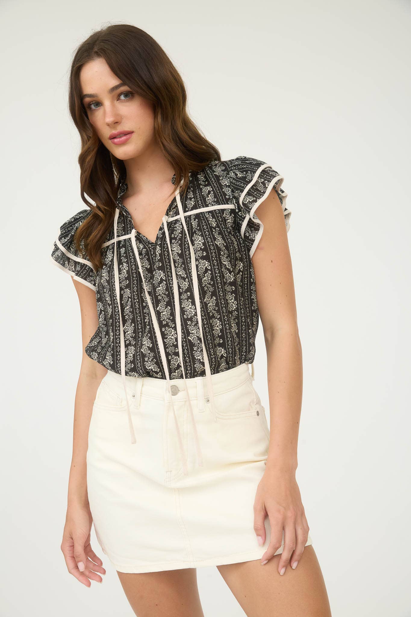 V-Neck Short Ruffle Layered Sleeve Woven Top