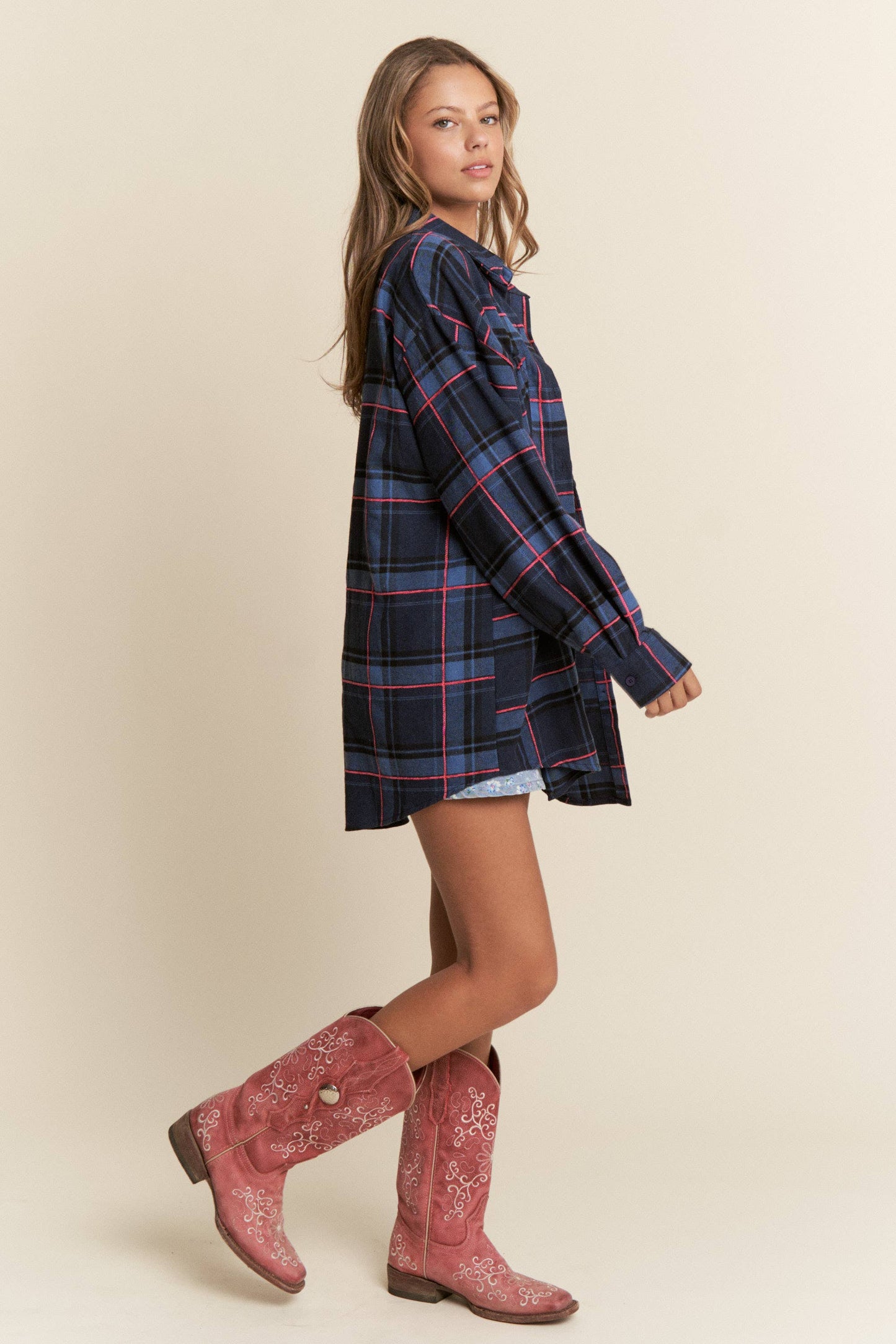 Ruched Pocket Plaid Button-Down Shirt with Ribbon Detail