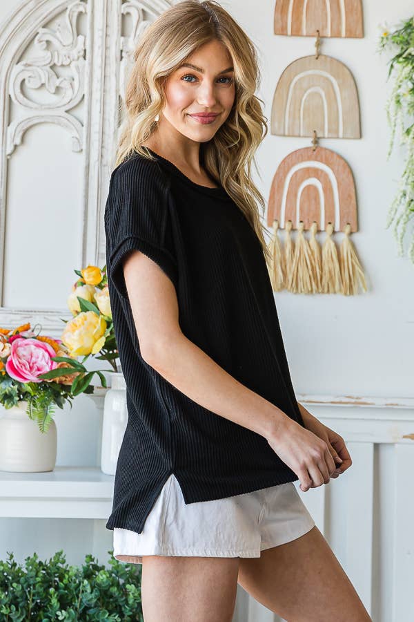 Black Solid Rib Drop Shoulder Side Slit Short Sleeve Top