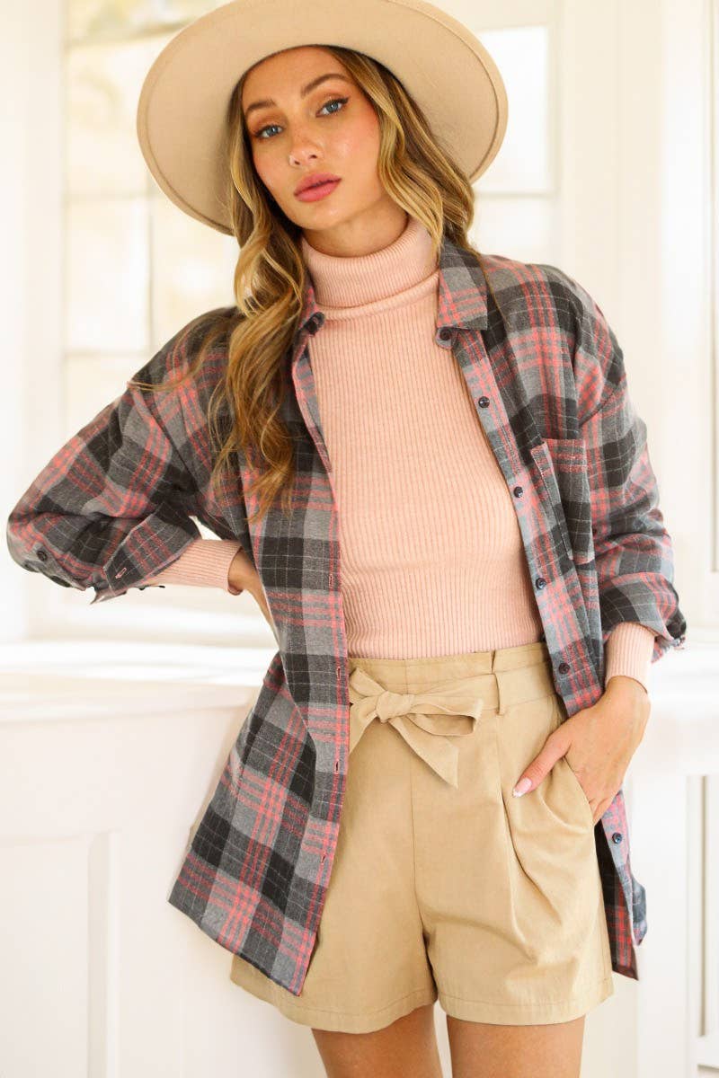 Pink & Grey Plaid Collared Button Front Shirt 💗🩶