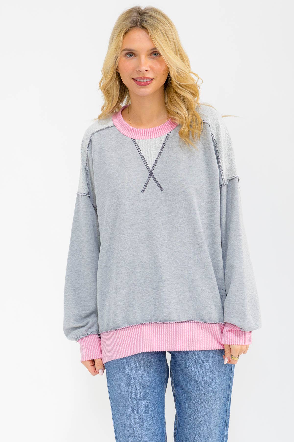 Contrast Trim Exposed Seam Sweatshirt – Pink & Grey