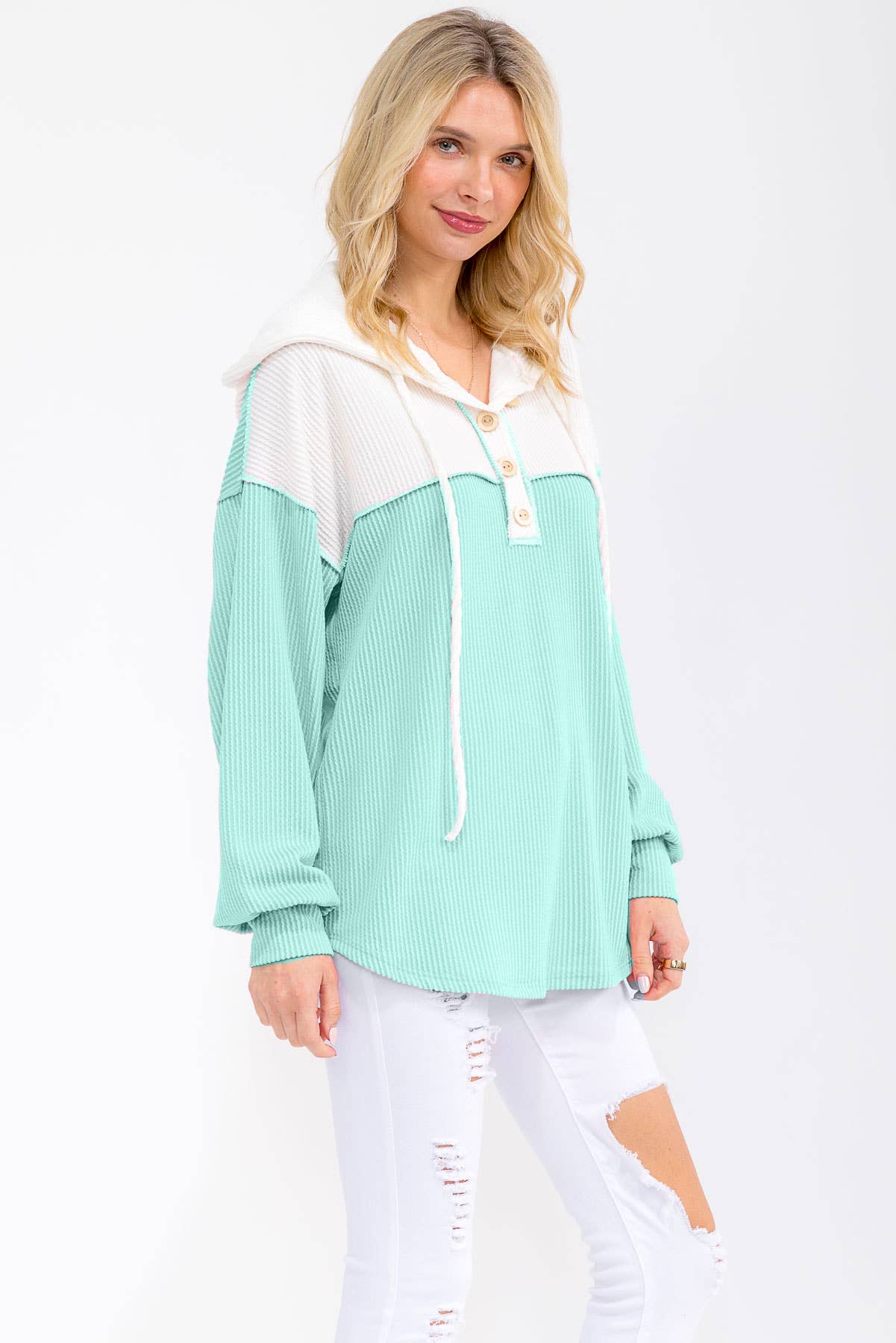 Two Tone Rib Knit Hooded Henley Top – Mint & White