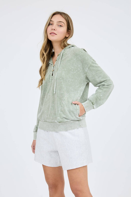 Washed Hooded Henley Sweatshirt